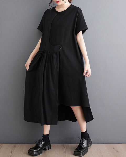ellazhu Women's Asymmetrical Pleated Midi Dress Loose Fit Plus Size Button Detail Flowy Hem Short Sleeve GZ897