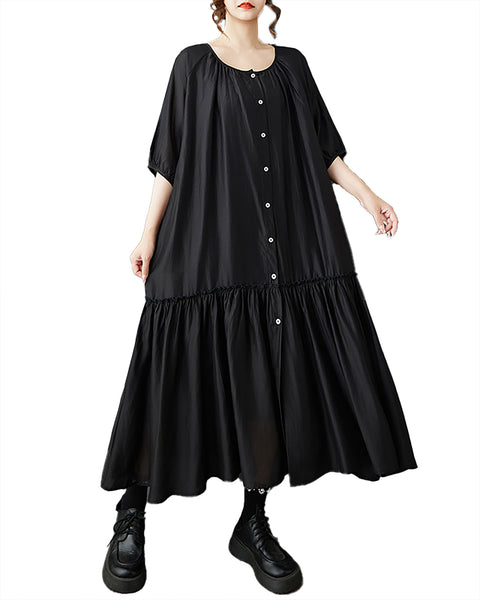 ellazhu Women's Button Down Maxi Dress Loose Oversized Pleated Patchwork Short Sleeve Plus Size GZ898