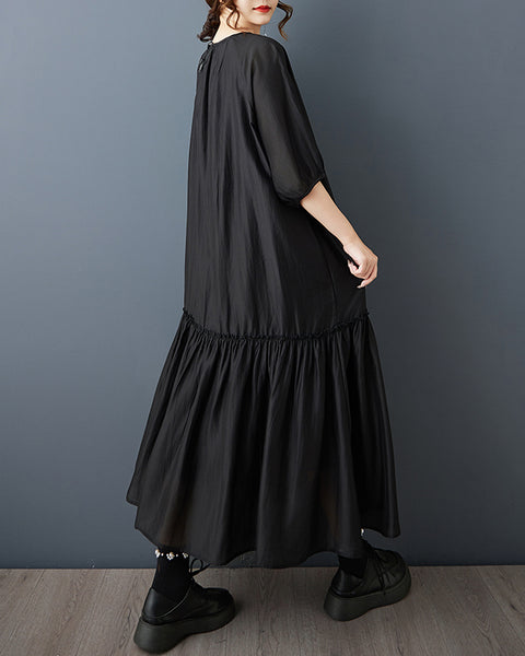 ellazhu Women's Button Down Maxi Dress Loose Oversized Pleated Patchwork Short Sleeve Plus Size GZ898