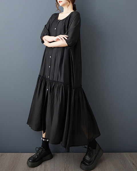 ellazhu Women's Button Down Maxi Dress Loose Oversized Pleated Patchwork Short Sleeve Plus Size GZ898
