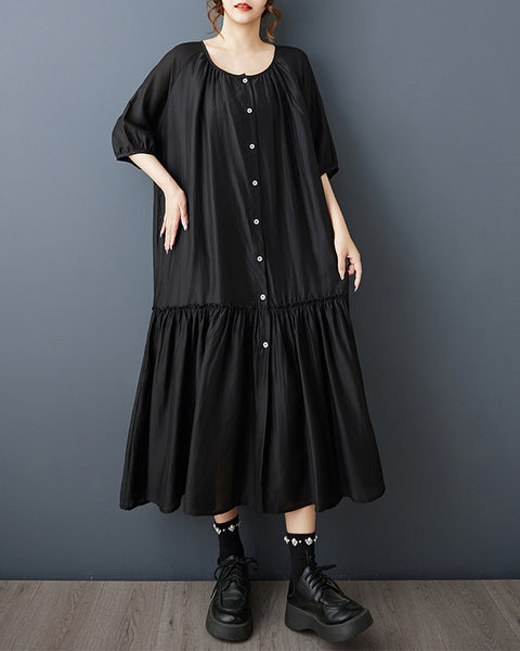 ellazhu Women's Button Down Maxi Dress Loose Oversized Pleated Patchwork Short Sleeve Plus Size GZ898