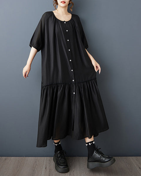 ellazhu Women's Button Down Maxi Dress Loose Oversized Pleated Patchwork Short Sleeve Plus Size GZ898