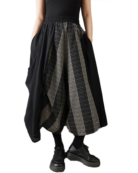 ellazhu Women's Wide Leg Pants Asymmetrical Plaid Patchwork Elastic Waist Loose Plus Size Cropped GZ899