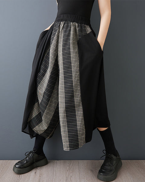 ellazhu Women's Wide Leg Pants Asymmetrical Plaid Patchwork Elastic Waist Loose Plus Size Cropped GZ899