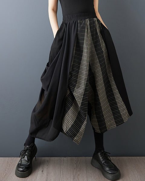 ellazhu Women's Wide Leg Pants Asymmetrical Plaid Patchwork Elastic Waist Loose Plus Size Cropped GZ899