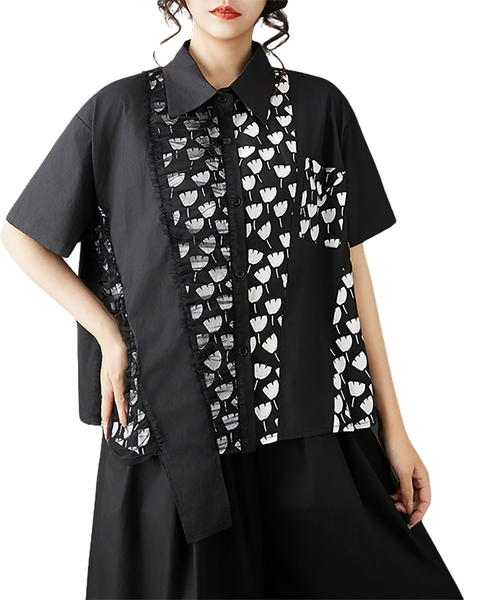 ellazhu Women's Patchwork Shirt Asymmetrical Mesh Printed Button Down Short Sleeve Oversized Top GZ901