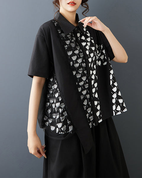 ellazhu Women's Patchwork Shirt Asymmetrical Mesh Printed Button Down Short Sleeve Oversized Top GZ901