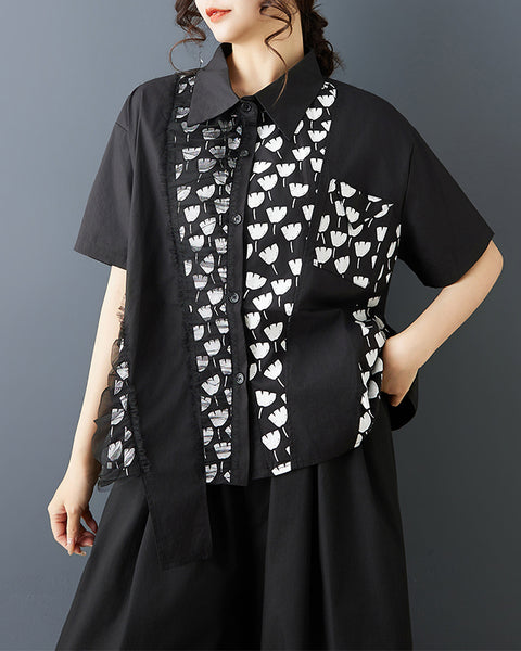 ellazhu Women's Patchwork Shirt Asymmetrical Mesh Printed Button Down Short Sleeve Oversized Top GZ901