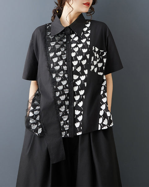 ellazhu Women's Patchwork Shirt Asymmetrical Mesh Printed Button Down Short Sleeve Oversized Top GZ901