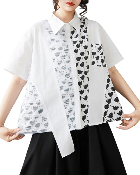 ellazhu Women's Patchwork Shirt Asymmetrical Mesh Printed Button Down Short Sleeve Oversized Top GZ901