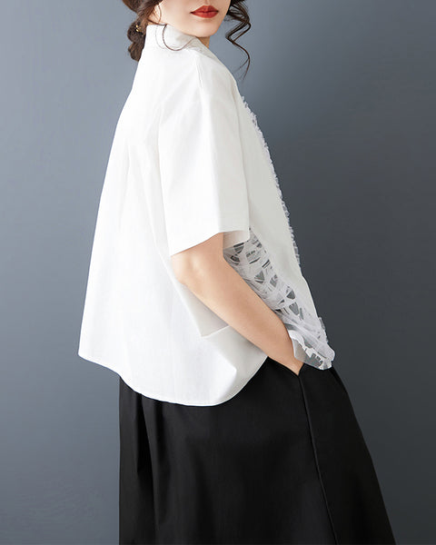 ellazhu Women's Patchwork Shirt Asymmetrical Mesh Printed Button Down Short Sleeve Oversized Top GZ901