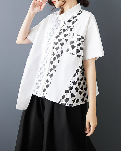 ellazhu Women's Patchwork Shirt Asymmetrical Mesh Printed Button Down Short Sleeve Oversized Top GZ901