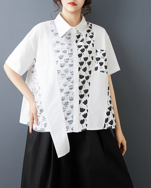 ellazhu Women's Patchwork Shirt Asymmetrical Mesh Printed Button Down Short Sleeve Oversized Top GZ901