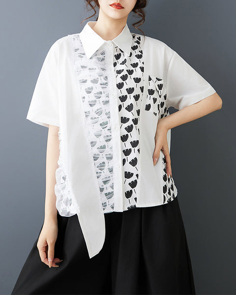 ellazhu Women's Patchwork Shirt Asymmetrical Mesh Printed Button Down Short Sleeve Oversized Top GZ901