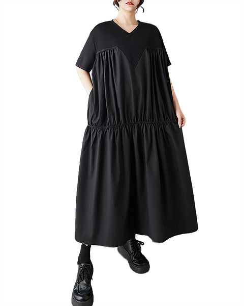 ellazhu Women's Maxi Dress V Neck Oversized Loose Pleated Tiered Short Sleeve Plus Size  Casual GZ902
