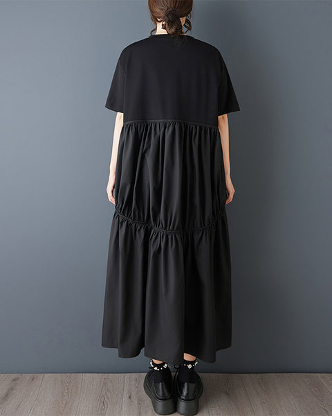 ellazhu Women's Maxi Dress V Neck Oversized Loose Pleated Tiered Short Sleeve Plus Size  Casual GZ902