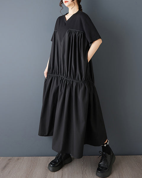 ellazhu Women's Maxi Dress V Neck Oversized Loose Pleated Tiered Short Sleeve Plus Size  Casual GZ902
