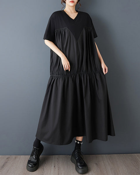 ellazhu Women's Maxi Dress V Neck Oversized Loose Pleated Tiered Short Sleeve Plus Size  Casual GZ902