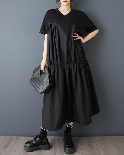 ellazhu Women's Maxi Dress V Neck Oversized Loose Pleated Tiered Short Sleeve Plus Size  Casual GZ902