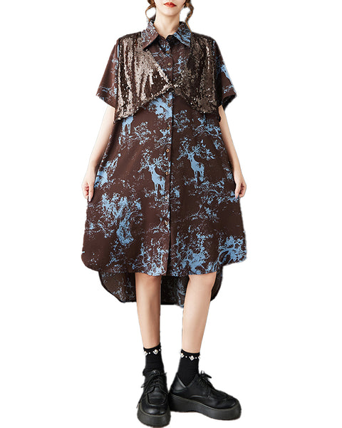 ellazhu Women's Tie Dye Shirt Dress Sequin Patchwork Asymmetrical Button Down Oversized Midi Dress Plus Size GZ903