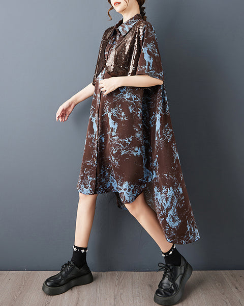 ellazhu Women's Tie Dye Shirt Dress Sequin Patchwork Asymmetrical Button Down Oversized Midi Dress Plus Size GZ903