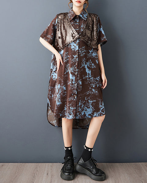 ellazhu Women's Tie Dye Shirt Dress Sequin Patchwork Asymmetrical Button Down Oversized Midi Dress Plus Size GZ903