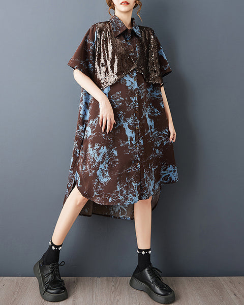 ellazhu Women's Tie Dye Shirt Dress Sequin Patchwork Asymmetrical Button Down Oversized Midi Dress Plus Size GZ903