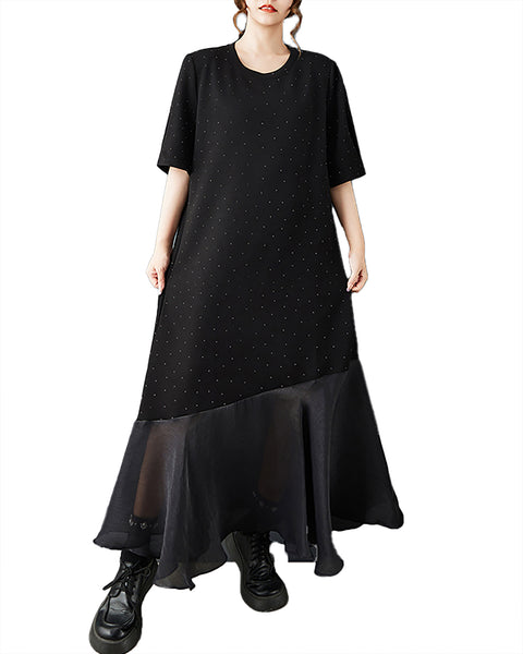 ellazhu Women's Maxi Dress Rhinestone Star Mesh Patchwork Loose Oversized Short Sleeve  Plus Size GZ904