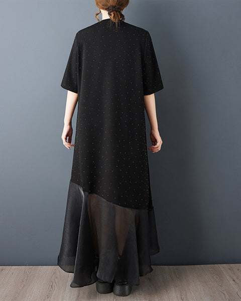 ellazhu Women's Maxi Dress Rhinestone Star Mesh Patchwork Loose Oversized Short Sleeve  Plus Size GZ904