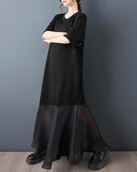 ellazhu Women's Maxi Dress Rhinestone Star Mesh Patchwork Loose Oversized Short Sleeve  Plus Size GZ904