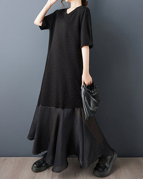 ellazhu Women's Maxi Dress Rhinestone Star Mesh Patchwork Loose Oversized Short Sleeve  Plus Size GZ904