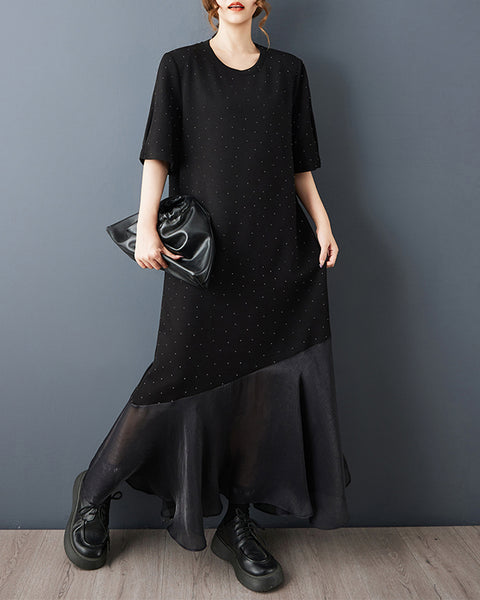 ellazhu Women's Maxi Dress Rhinestone Star Mesh Patchwork Loose Oversized Short Sleeve  Plus Size GZ904
