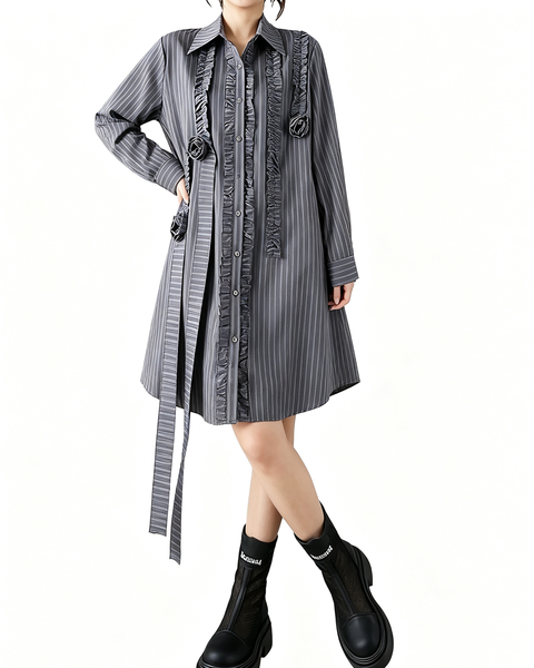 ellazhu Women's Oversized Striped Ruffle Flower Long Shirt Dress GZ905