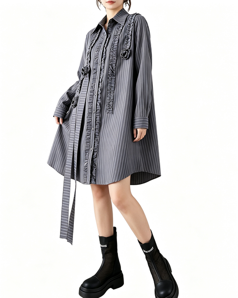 ellazhu Women's Oversized Striped Ruffle Flower Long Shirt Dress GZ905