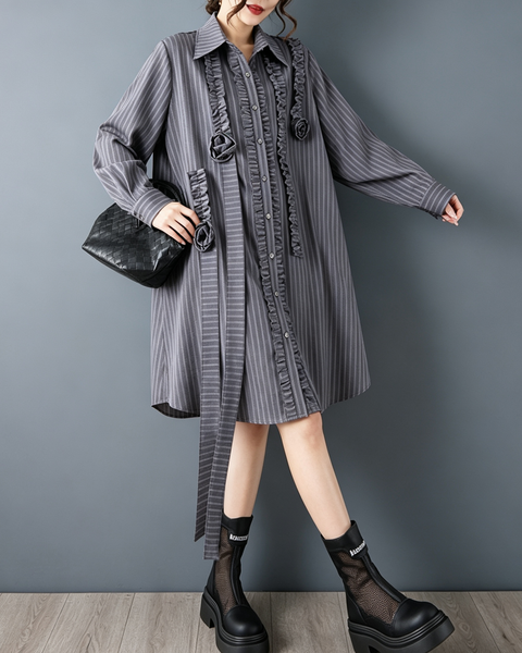ellazhu Women's Oversized Striped Ruffle Flower Long Shirt Dress GZ905