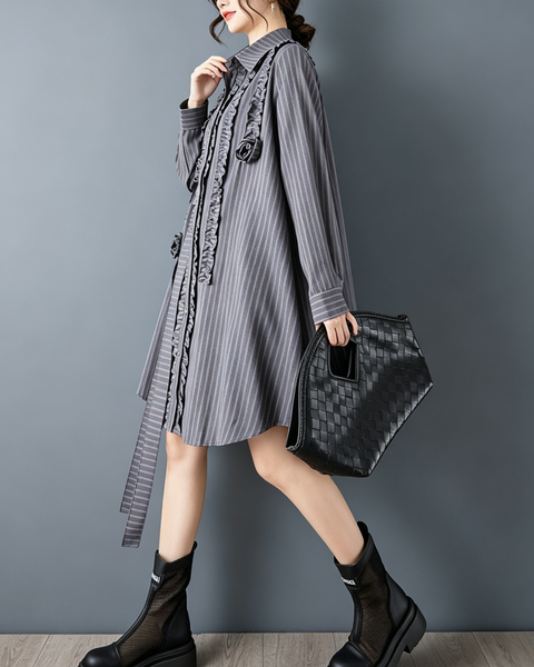 ellazhu Women's Oversized Striped Ruffle Flower Long Shirt Dress GZ905