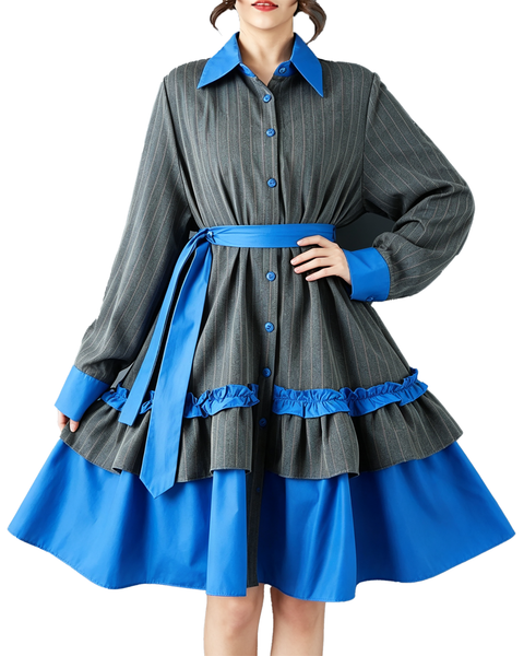 ellazhu Women's Oversized Ruffle Contrast Belted Midi Shirt Dress GZ906