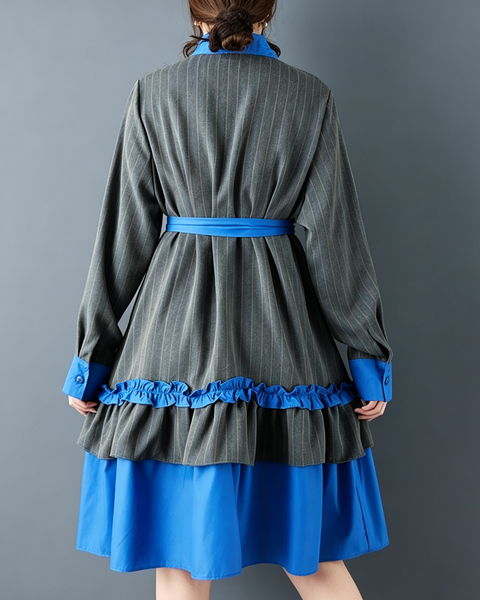 ellazhu Women's Oversized Ruffle Contrast Belted Midi Shirt Dress GZ906