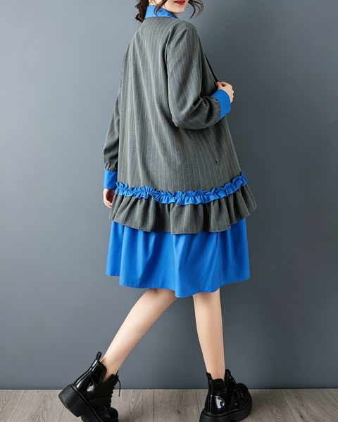 ellazhu Women's Oversized Ruffle Contrast Belted Midi Shirt Dress GZ906