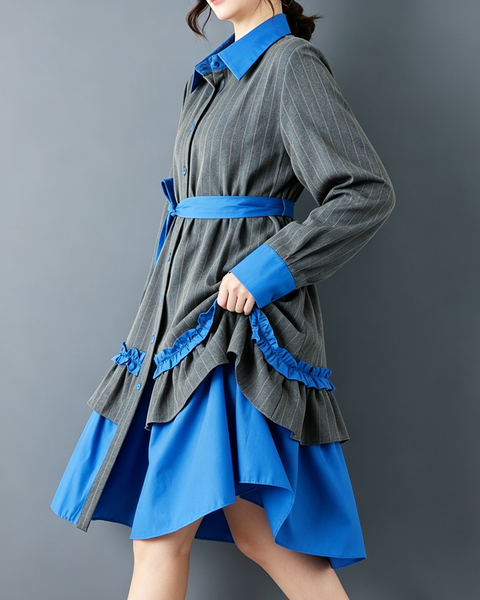 ellazhu Women's Oversized Ruffle Contrast Belted Midi Shirt Dress GZ906