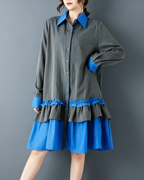 ellazhu Women's Oversized Ruffle Contrast Belted Midi Shirt Dress GZ906