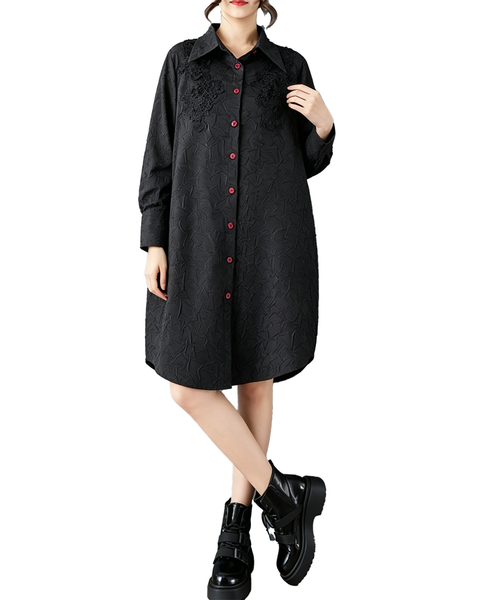 ellazhu Women's Oversized Textured Lace Applique Button Down Dress GZ907