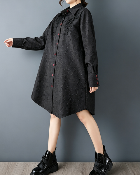 ellazhu Women's Oversized Textured Lace Applique Button Down Dress GZ907