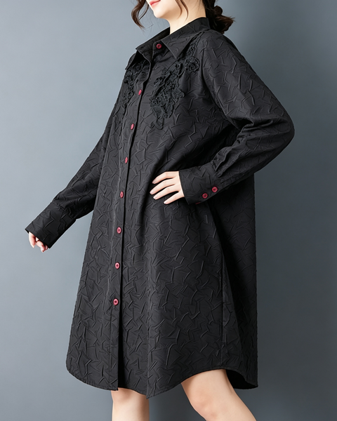ellazhu Women's Oversized Textured Lace Applique Button Down Dress GZ907