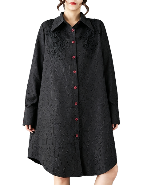ellazhu Women's Oversized Textured Lace Applique Button Down Dress GZ907