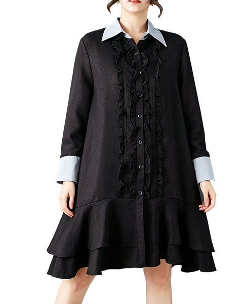 ellazhu Women's Oversized Ruffle Button Down Collared Shirt Dress GZ909