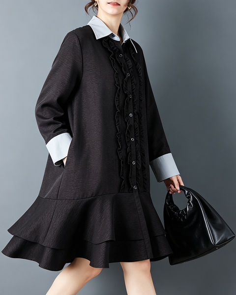 ellazhu Women's Oversized Ruffle Button Down Collared Shirt Dress GZ909