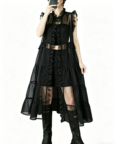 ellazhu Women's Sheer Organza Mesh Vest Dress Ruffle Sleeveless Long Cardigan Plus Size Cover Up Flowy GZ910