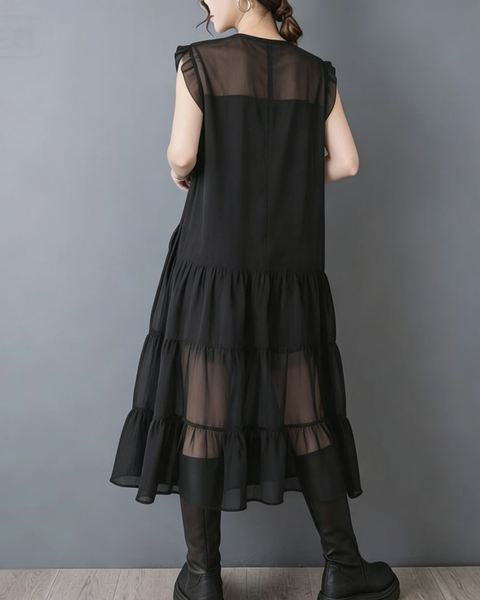 ellazhu Women's Sheer Organza Mesh Vest Dress Ruffle Sleeveless Long Cardigan Plus Size Cover Up Flowy GZ910