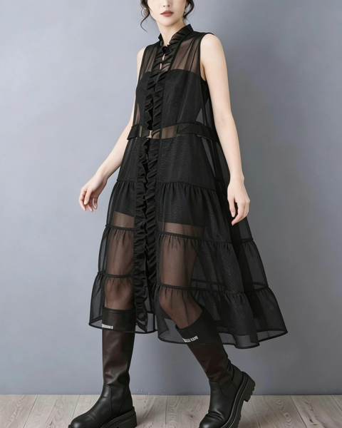 ellazhu Women's Sheer Organza Mesh Vest Dress Ruffle Sleeveless Long Cardigan Plus Size Cover Up Flowy GZ910